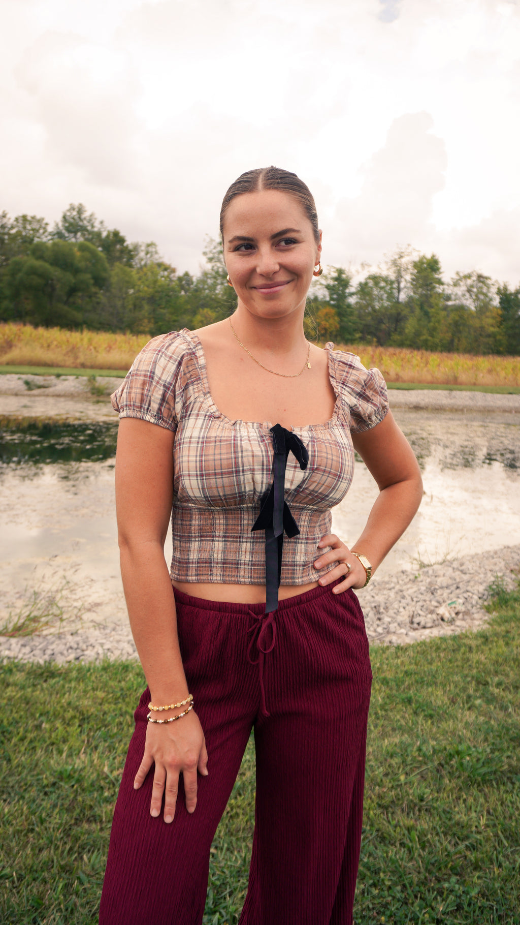 Sweet September Plaid Bow Top
