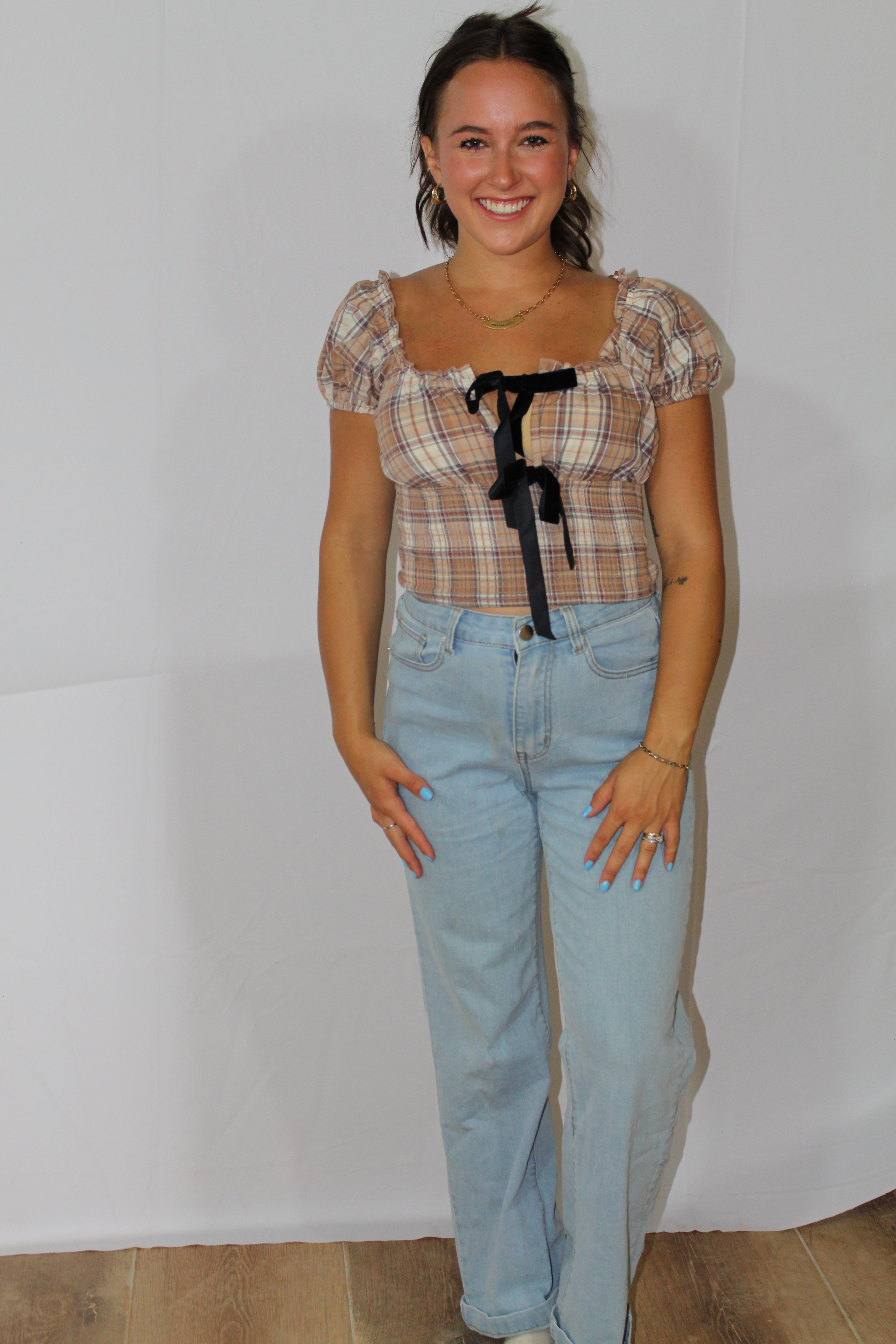 Sweet September Plaid Bow Top