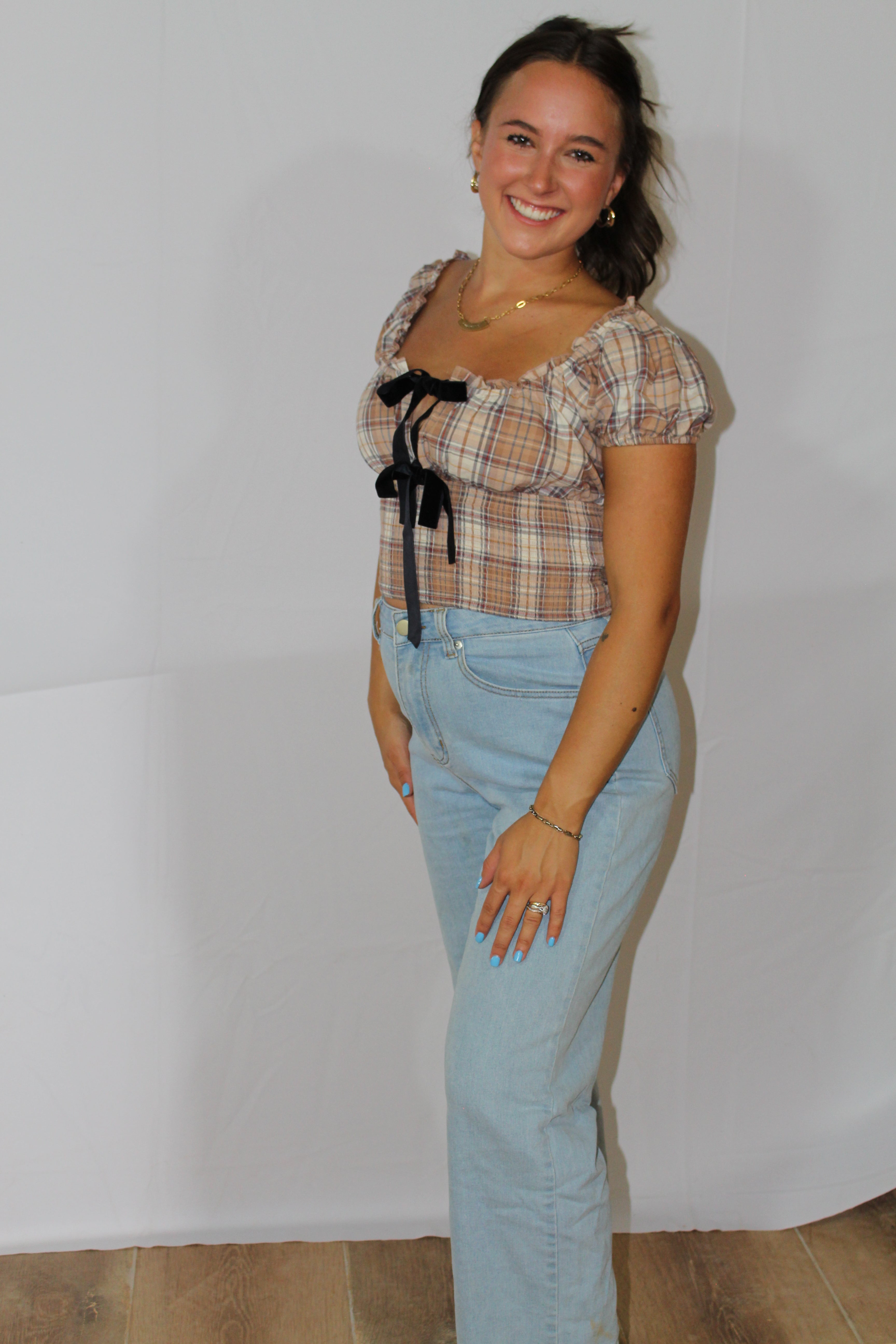 Sweet September Plaid Bow Top
